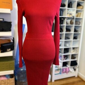 Calvin Klein Red Ribbed Long Sleeve Midi Dress
